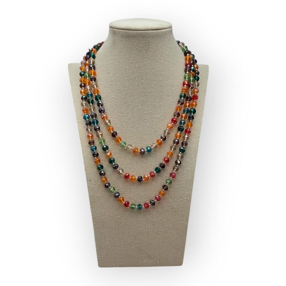 Multicolor Faceted Bead Long Necklace 62” Layering Festival Luxe Color Pop